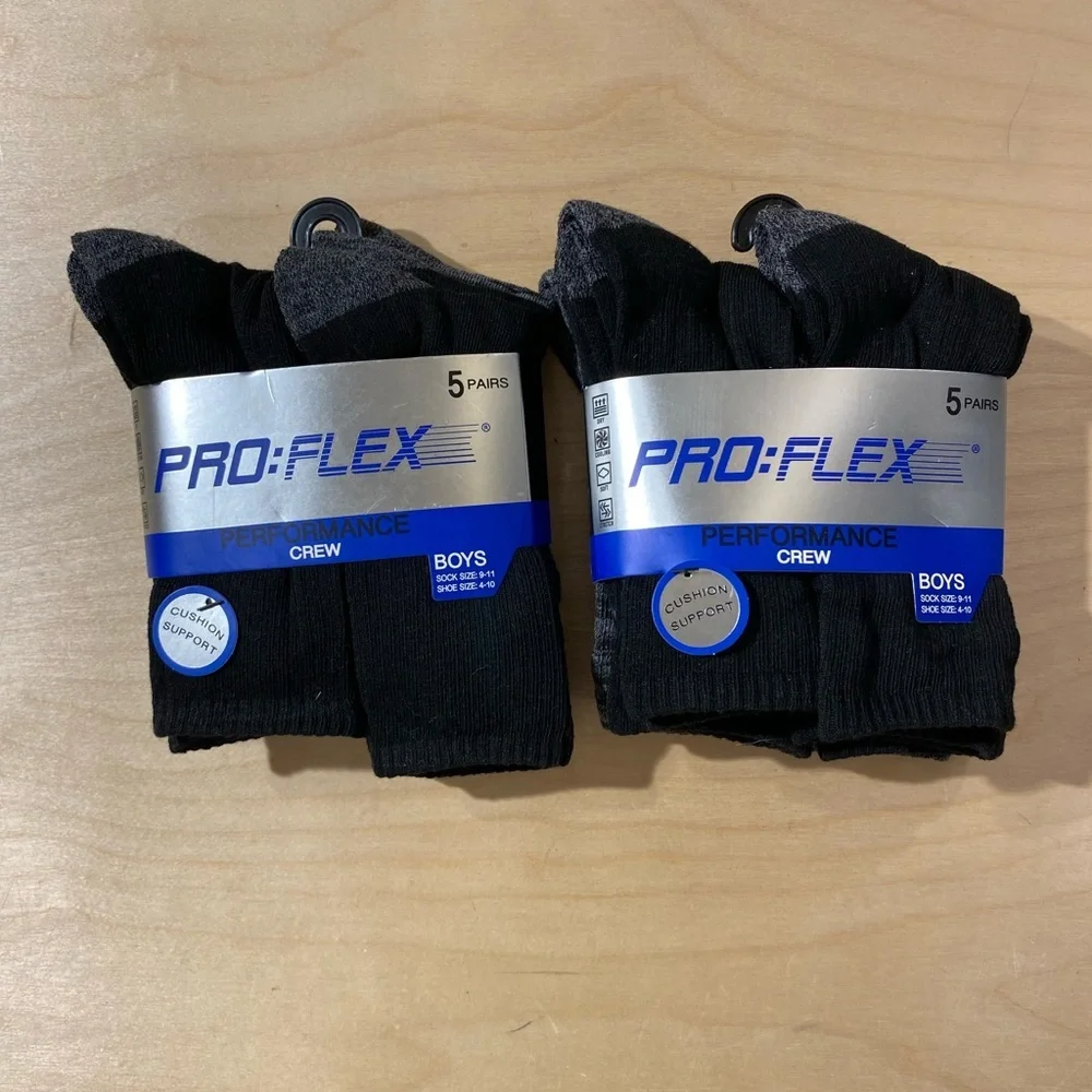 2 Pro:Flex Black Crew Socks for Boys- 5 Pairs sock size 9-11 Shoe Size 4-10 (OC)